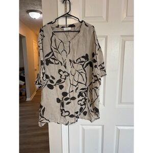 NOEN Women Beige Black Floral Linen Blend Tunic Top Plus Size US 20 EU 50